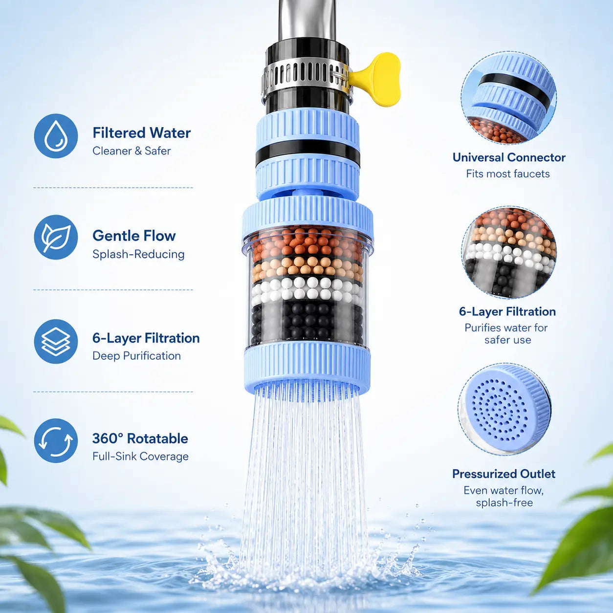 6-Layer Faucet Water Filter 360° Rotating Splash-Free