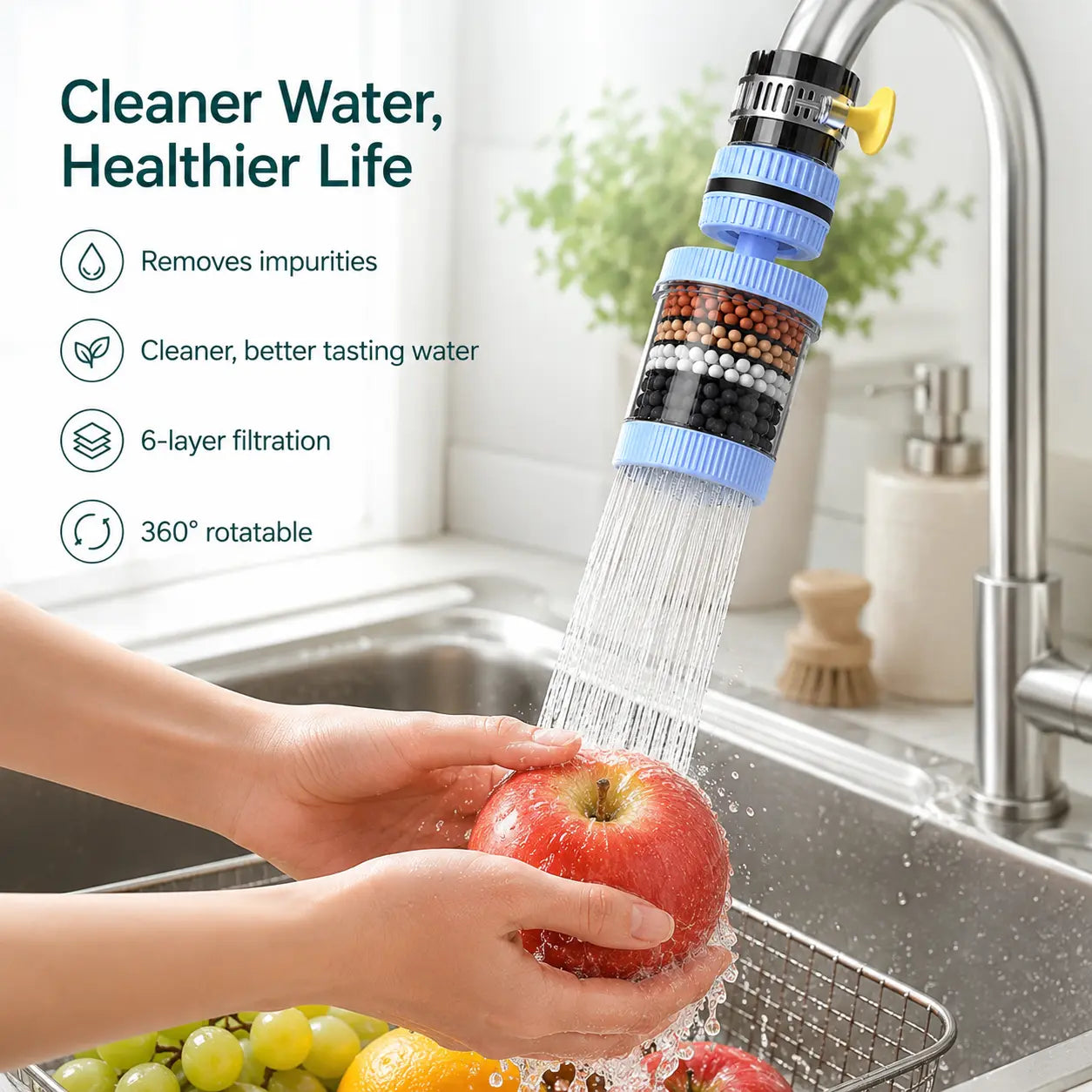 6-Layer Faucet Water Filter 360° Rotating Splash-Free