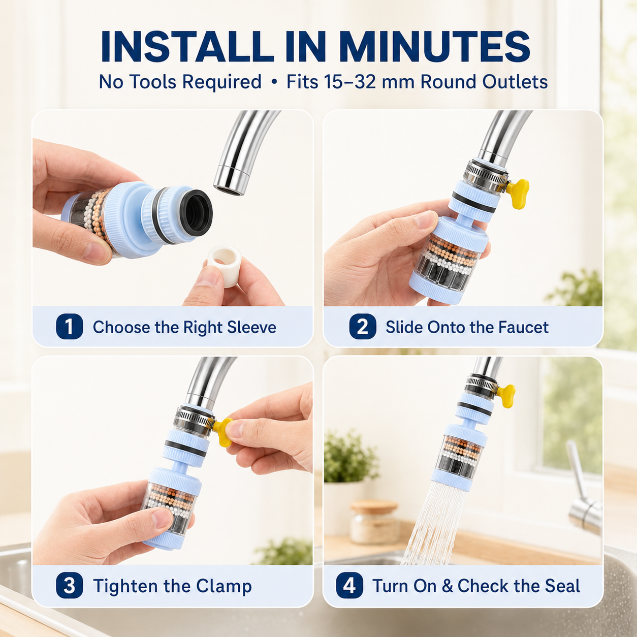 6-Layer Faucet Water Filter 360° Rotating Splash-Free