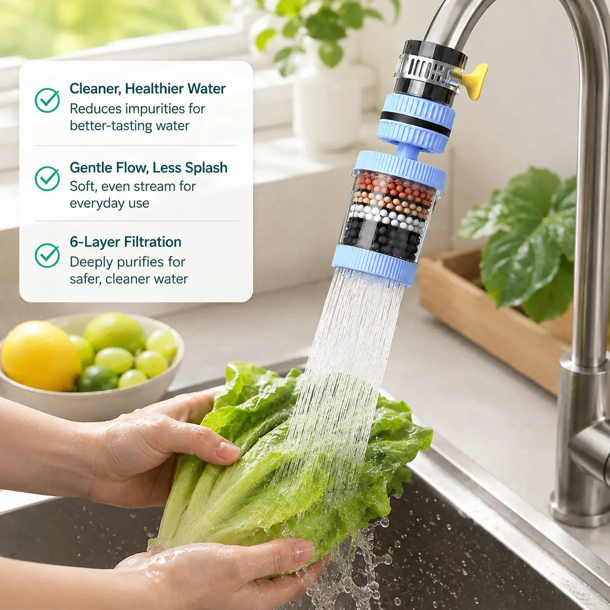 6-Layer Faucet Water Filter 360° Rotating Splash-Free